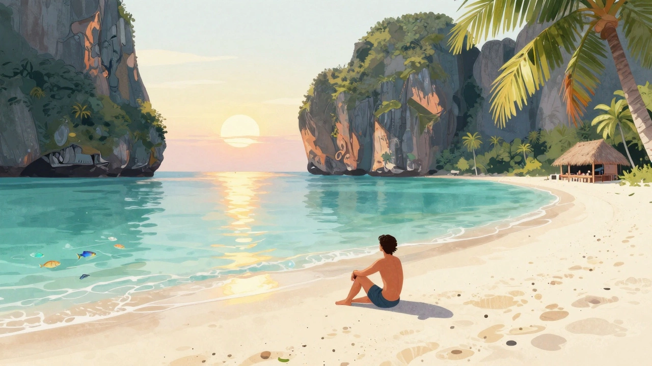 Одинокий путешественник на пляже Ла-Анг в Таиланде с кристально чистой водой и скалами.