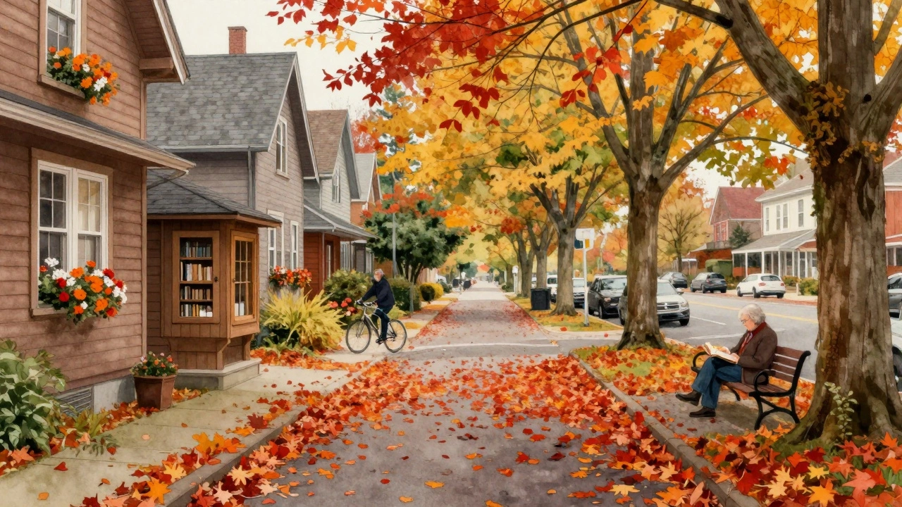Осень в Портленде: листья покрывают улицы, деревянные дома, велосипедист и женщина читает на скамейке.