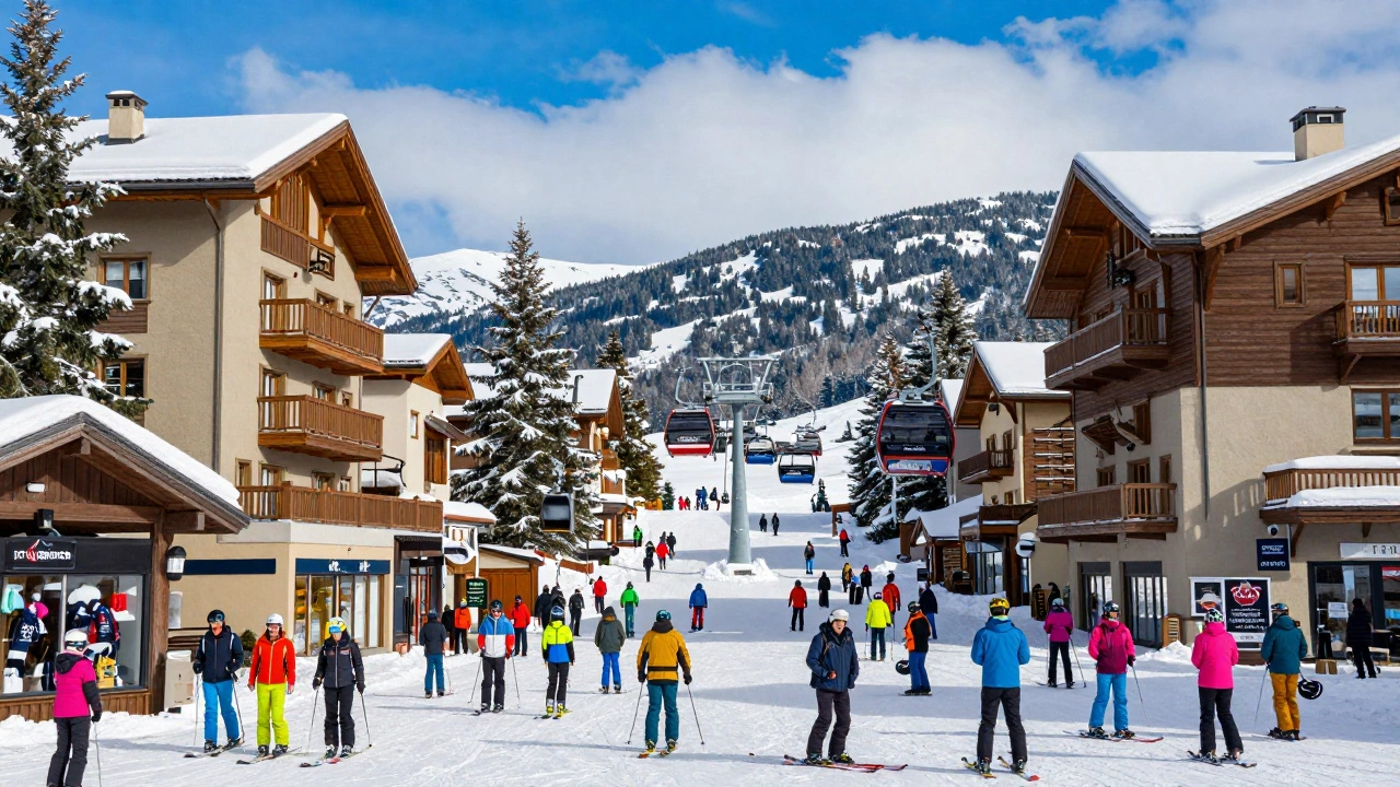 Оживлённый горнолыжный курорт Уистлер с людьми, гондолами и шикарными отелями на фоне снежных гор.