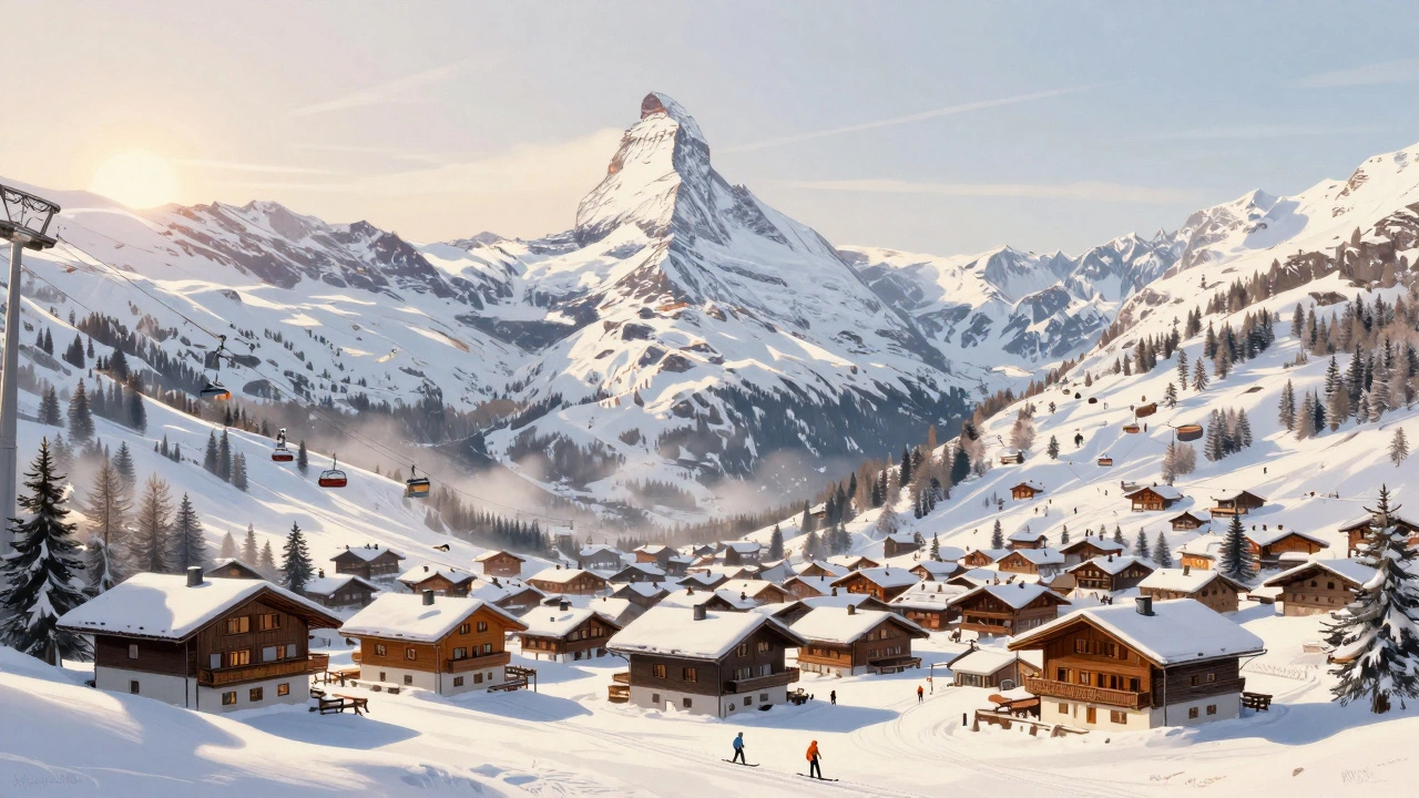 Панорама Альп в Зерматте на рассвете: горы, подъёмники и лыжники на свежем снегу, тихое утро в горах.