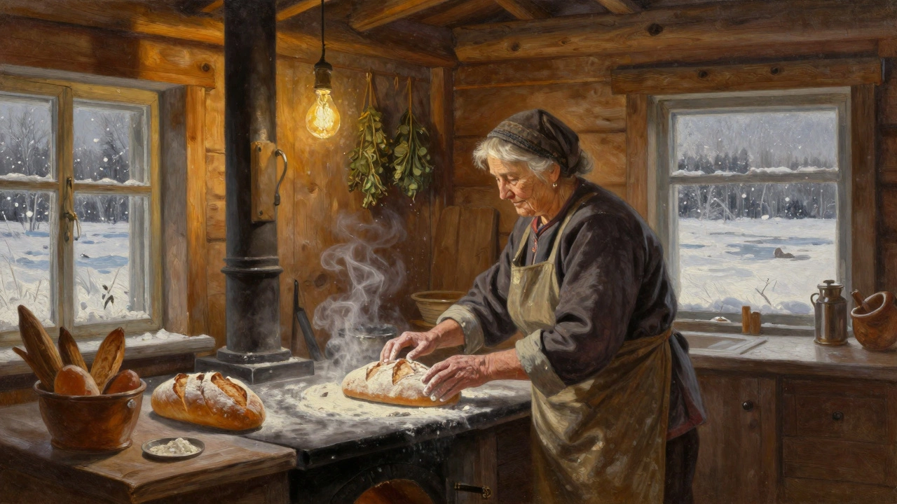 Пожилая женщина пекёт хлеб на печи в деревенской кухне, свет лампы и снег за окном.