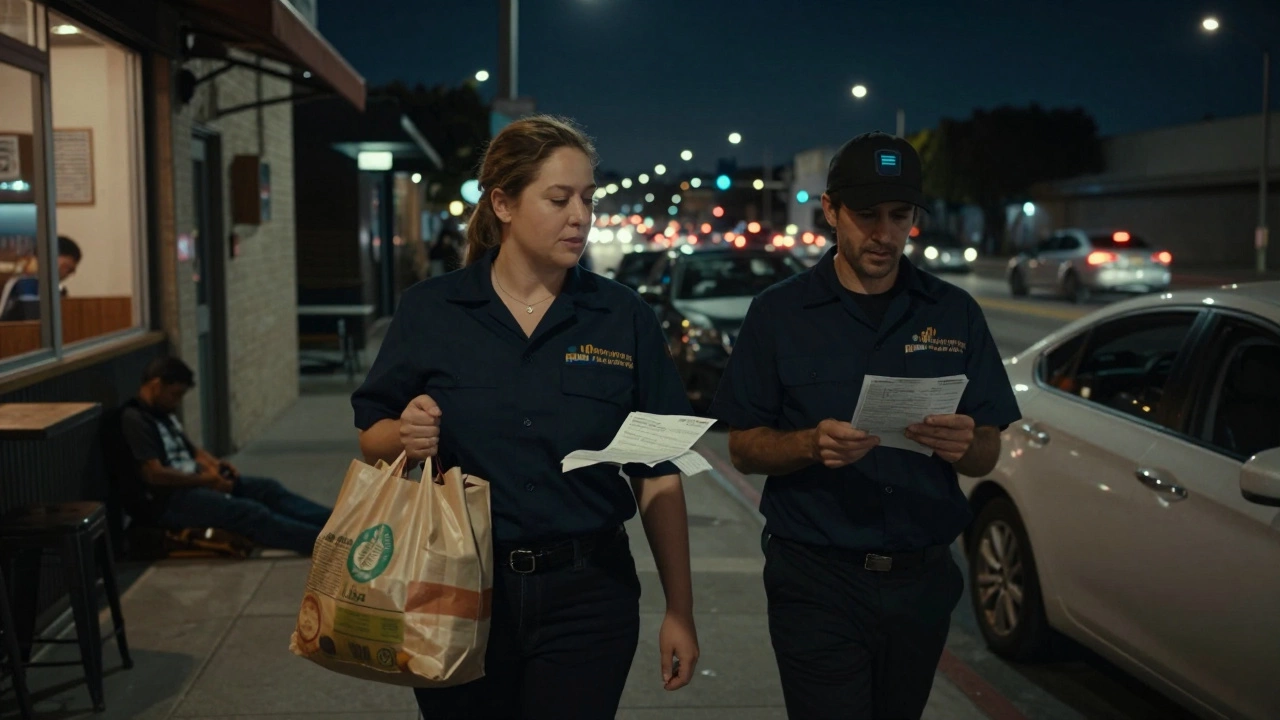 Рабочий в Лос-Анджелесе идет домой с продуктами и счетом за медицину, на фоне — автострада и бездомный.