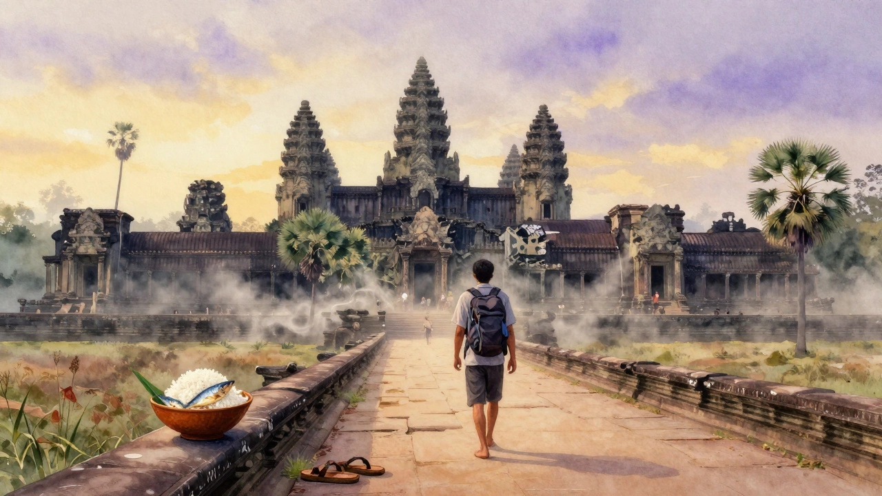 Рассвет над Ангкор-Ват: одинокий путешественник, древние храмы и туман без туристов.