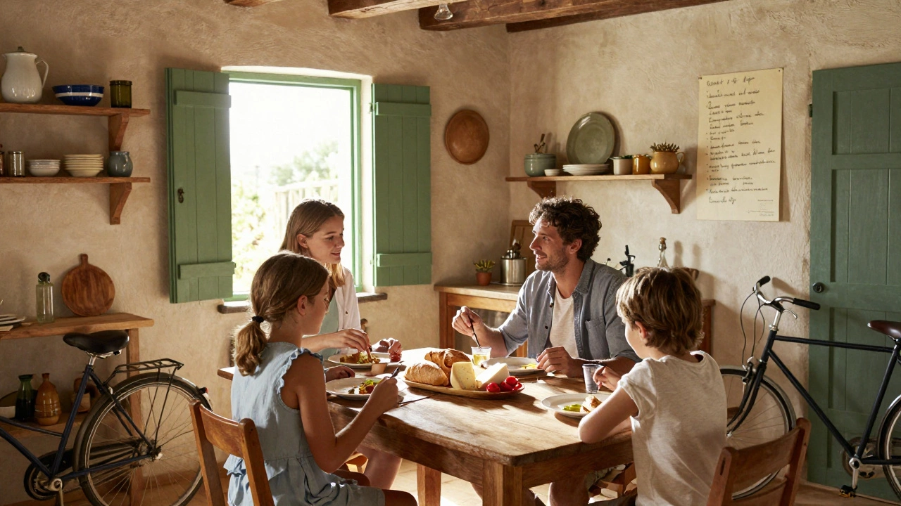 Семья в деревенской кухне Франции ест свежую еду у окна с солнечным светом.