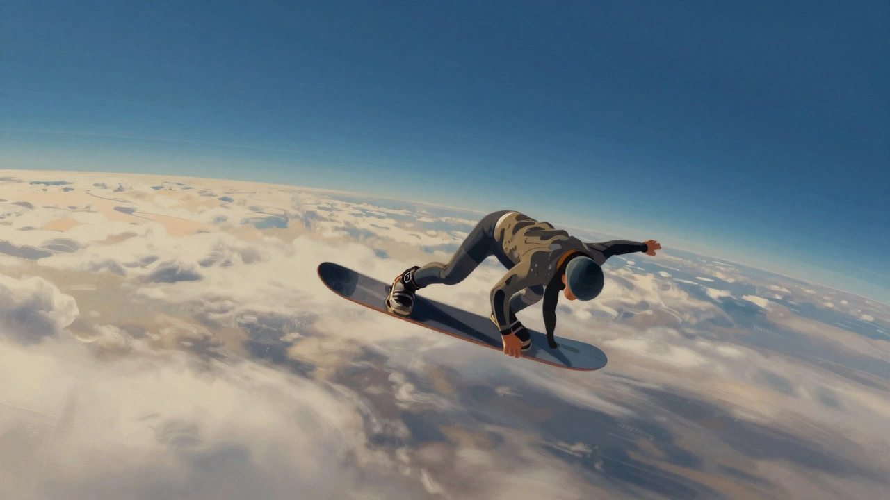Скайсёрфер летит в воздухе, как сноубордист, доска под ногами, облака внизу.