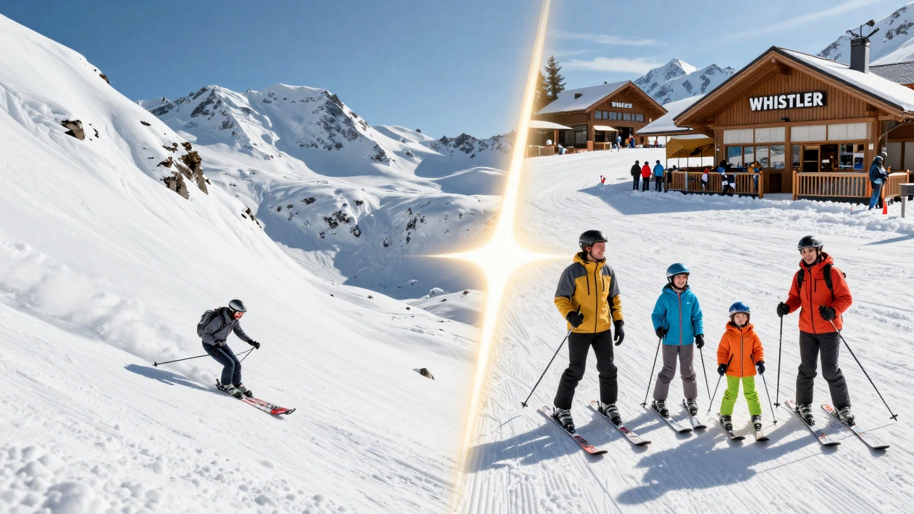 Сравнение двух курортов: одинокий лыжник на сложной трассе и семья на лёгком склоне, символизируя выбор между тишиной и комфортом.