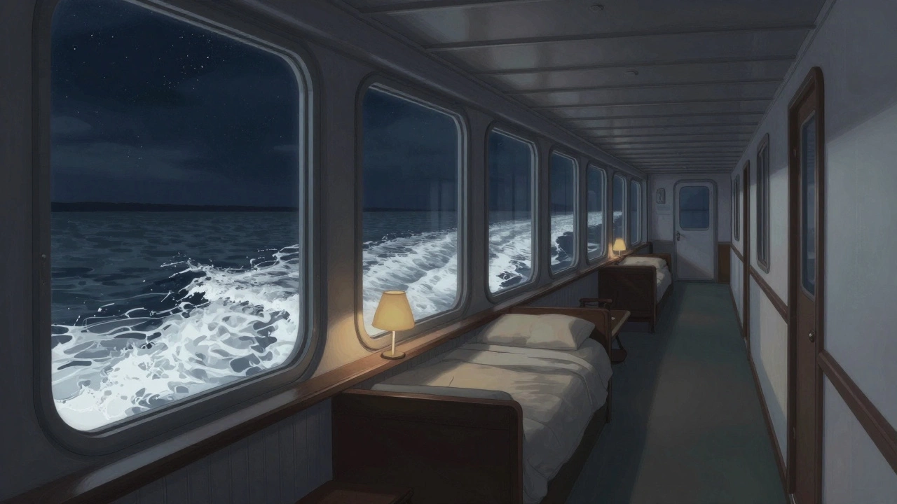 Тихая каюты в корме теплохода с видом на след от воды ночью