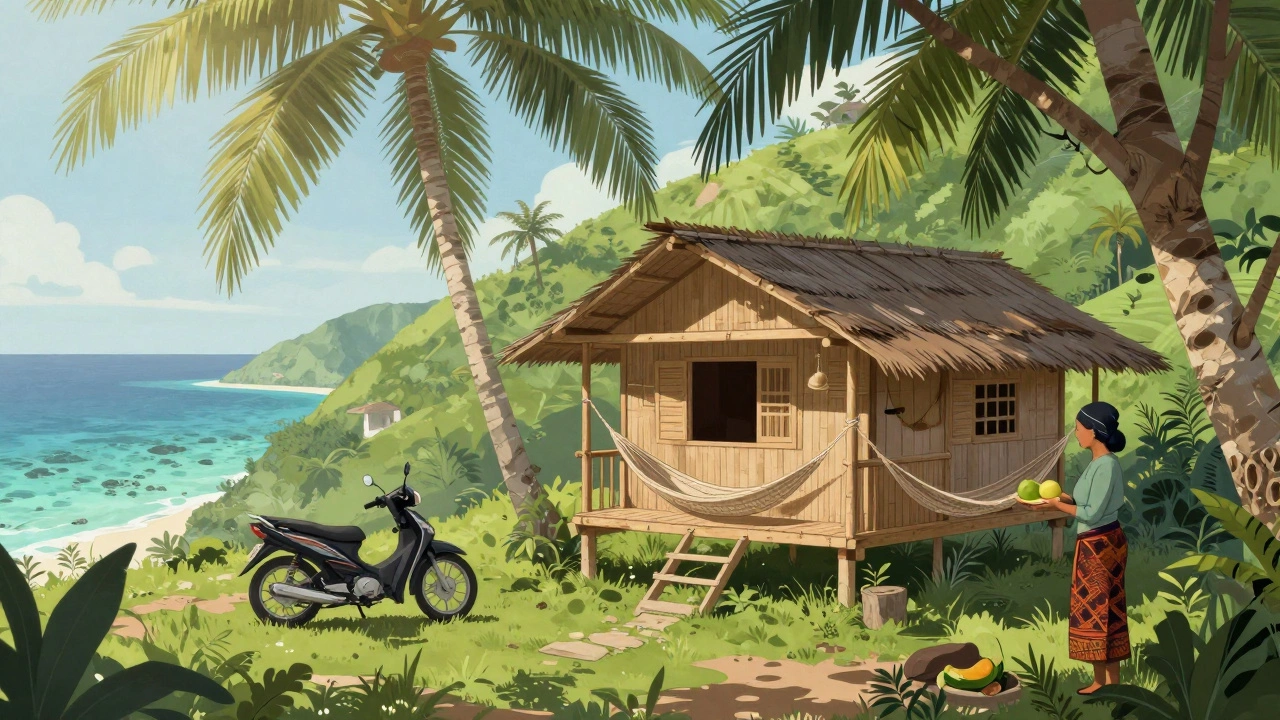 Уютный домик в Ломбоке, Индонезия: бамбуковая хижина, моторикша, чистое море и зелень.