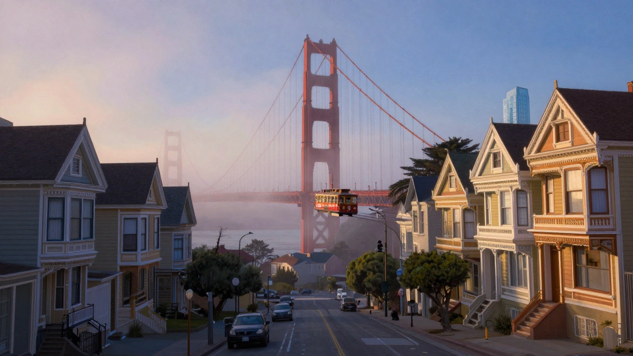 Золотой мост Сан-Франциско в тумане, викторианские дома и трамвай на крутой улице.