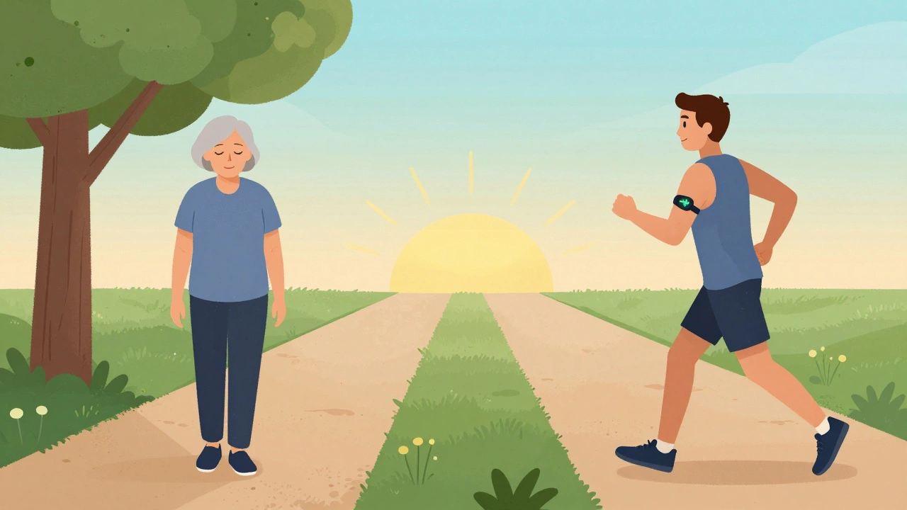 Два стиля ходьбы: медленная для восстановления и быстрая для тренировки, объединенные в одном образе восходящего солнца.