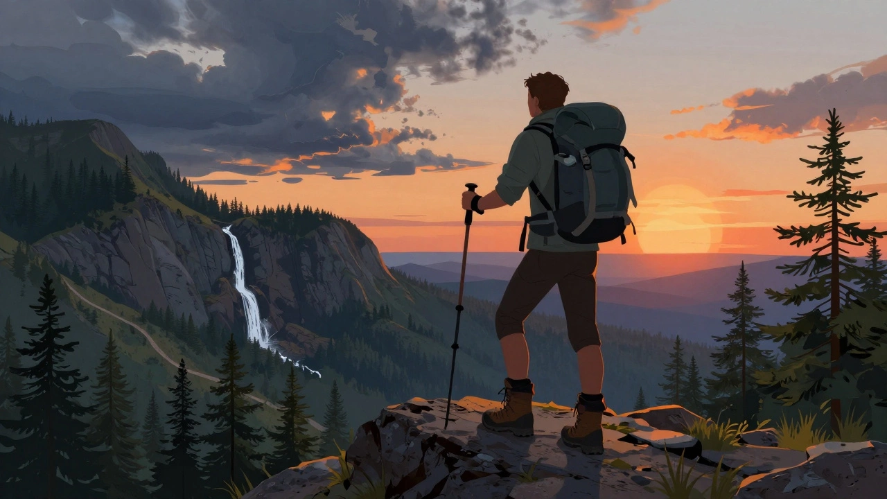 Хайкингер на вершине горы в Приморье смотрит на водопад на закате, за спиной — рюкзак и палки.