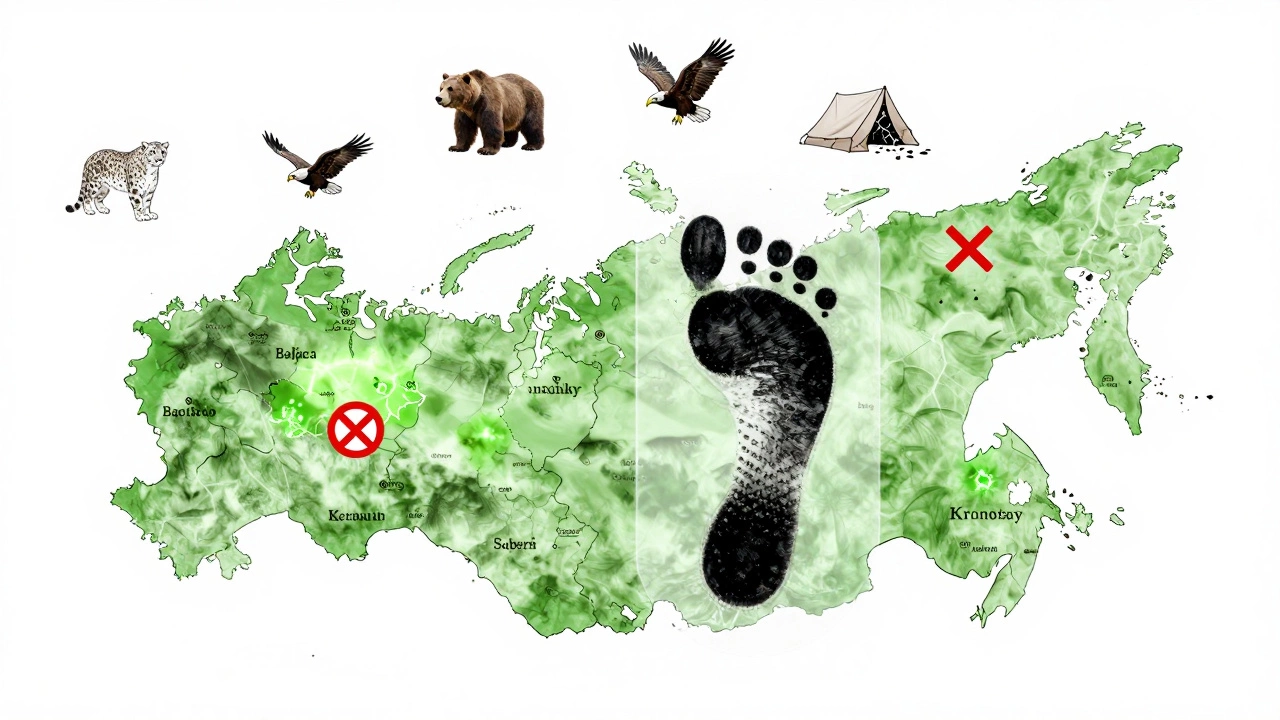 Карта России с запрещёнными и разрешёнными зонами для палаток, с изображениями диких животных.
