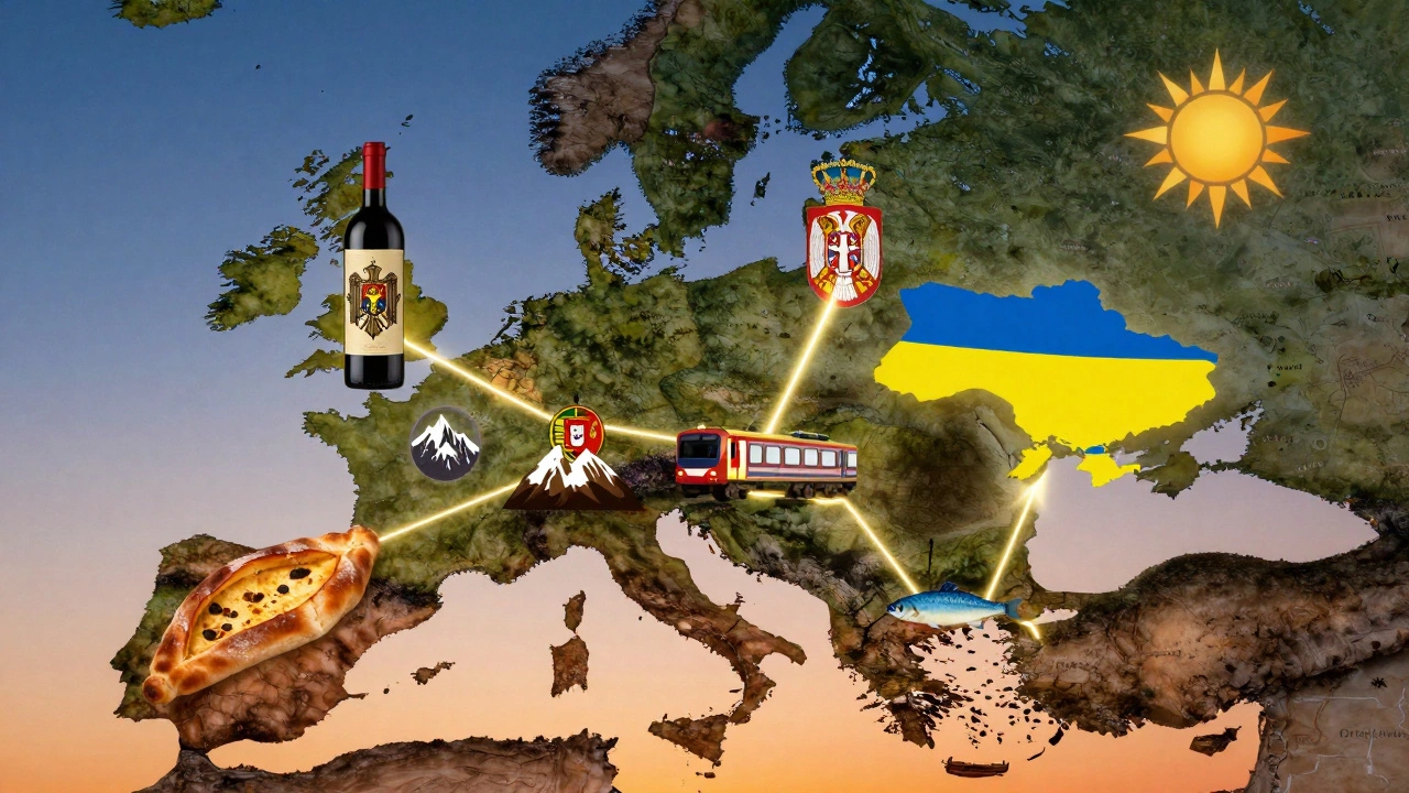 Карта Восточной Европы с символами шести доступных туристических направлений.