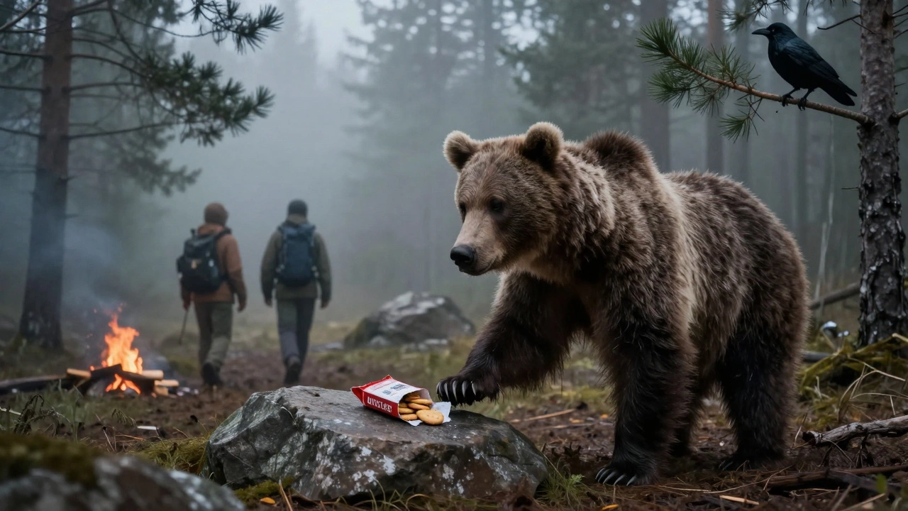 Медведь тянется к оставленной еде, туристы уходят, не замечая последствий.