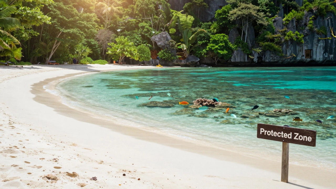 Песок как шелк и кристально чистая вода на пляже Банда-Бич на Филиппинах, рыбы среди коралловых рифов.