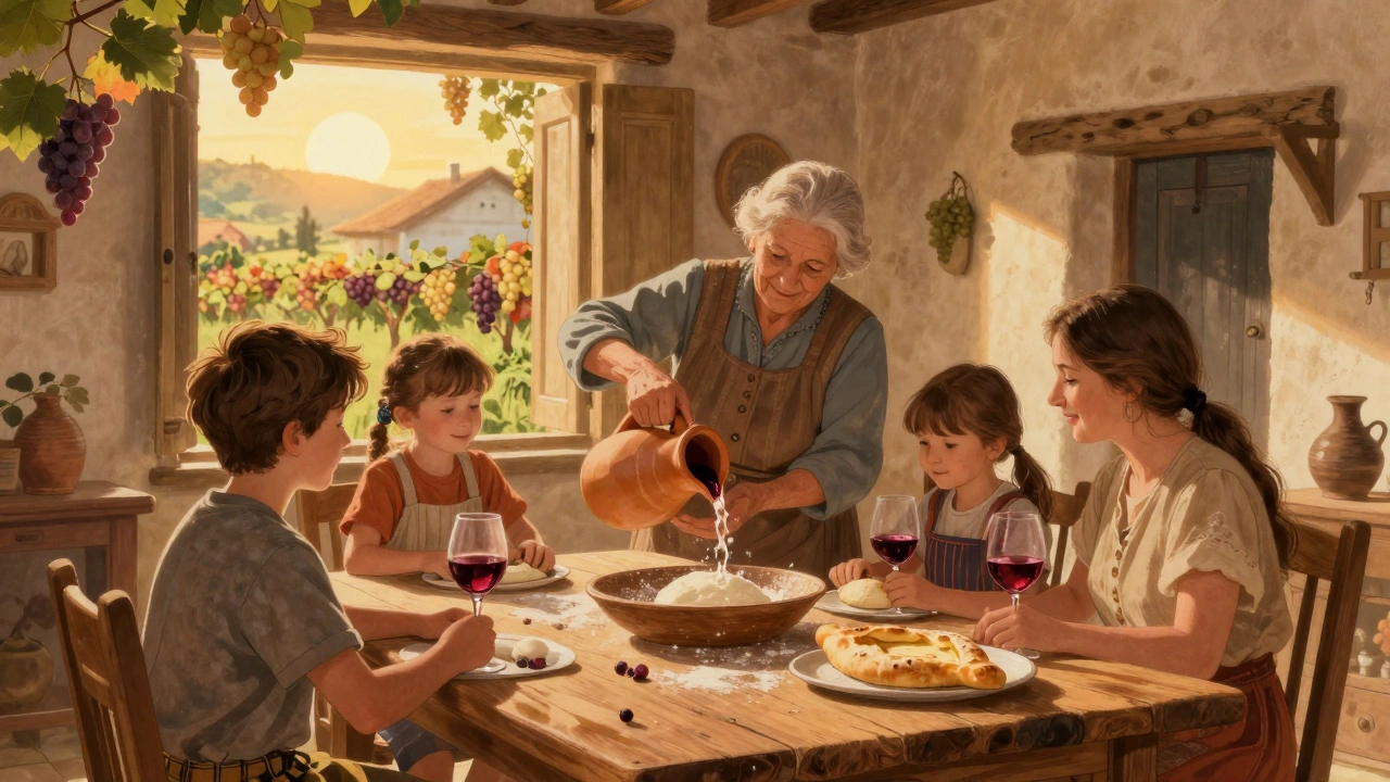 Семья в грузинской деревне за столом с вином из глиняных сосудов и сбором винограда