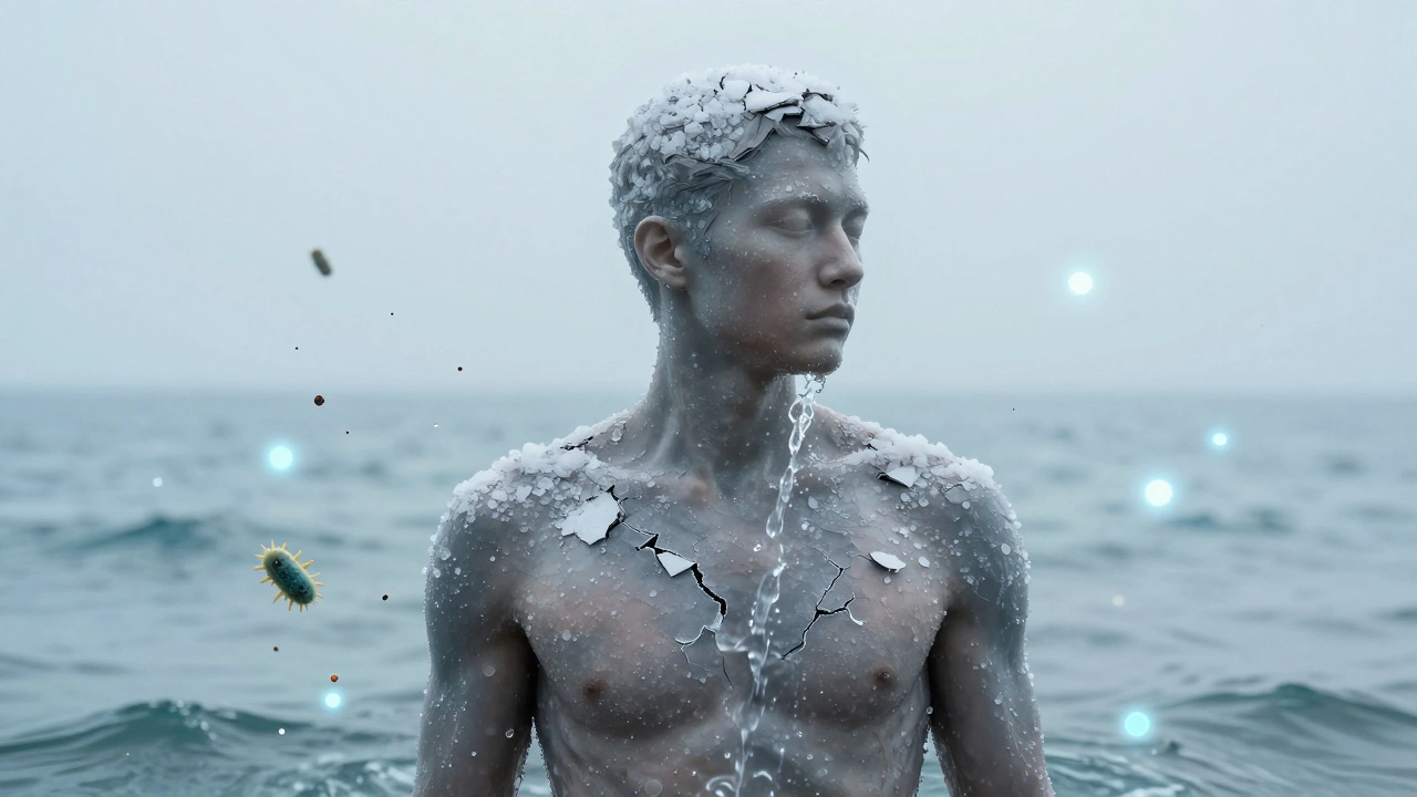 Силуэт человека, из которого смывается соль и песок, символизирующий очищение кожи после моря.