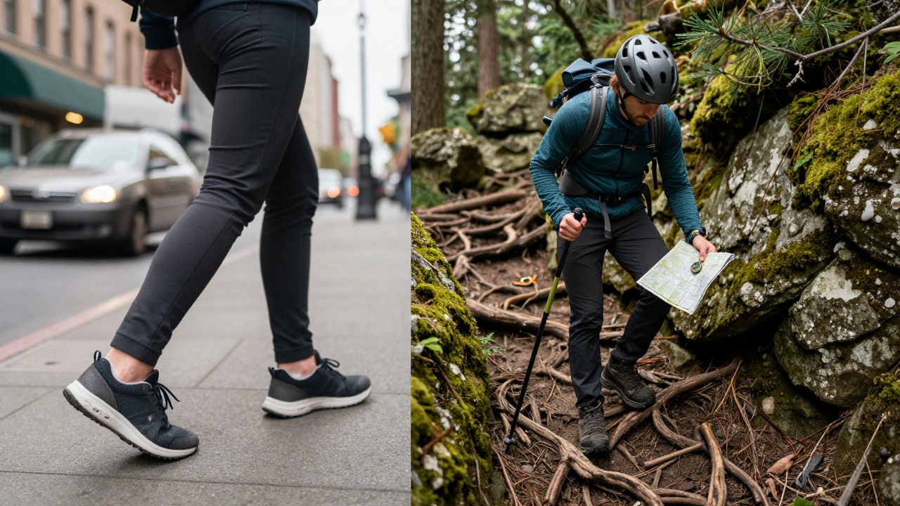 Сравнение: городская прогулка слева, хайкинг по лесной тропе справа — один человек, две реальности.