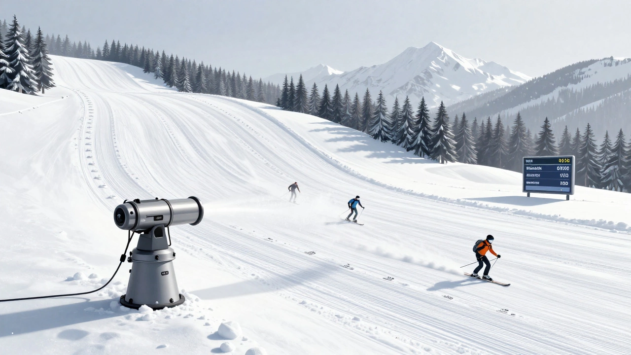 Точная система мониторинга снега в Вайссер Зее с автоматической снегопушкой и лыжниками на откалиброванных трассах.