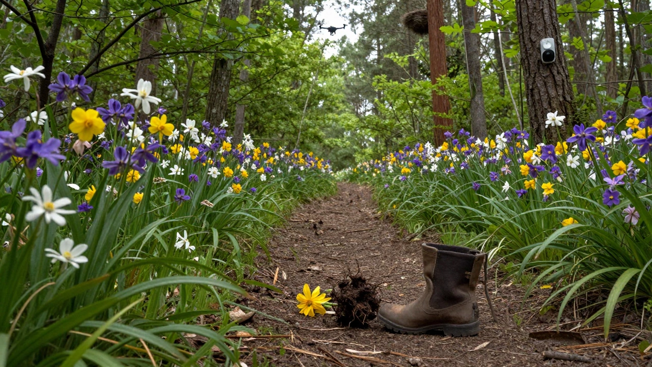 Турист вышел с тропы, вырвал редкий цветок, дрон летит над гнездом.