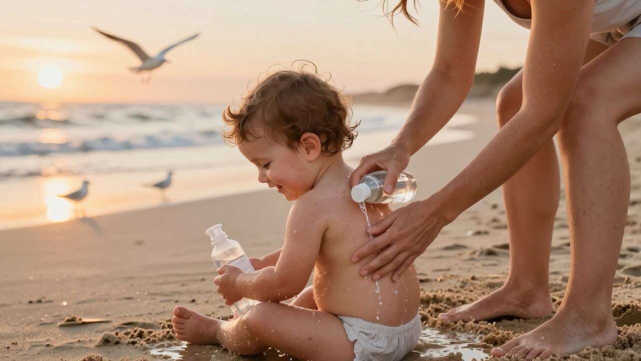 Женщина аккуратно смывает соль с тела ребенка на пляже, используя бутылку пресной воды.