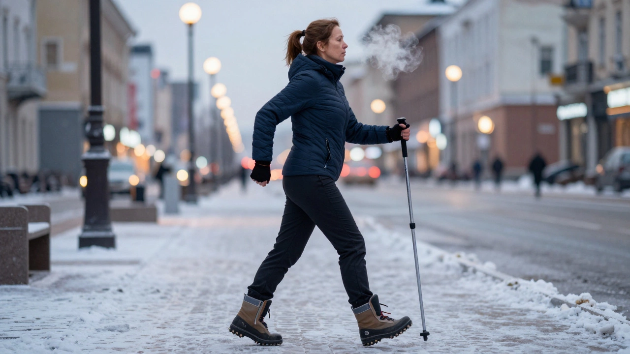 Женщина быстро идет по ледяной улице с тростью и противоскользящими шипами, дыхание видно в холодном воздухе.