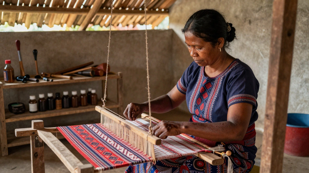 Женщина ткёт традиционную ткань на деревянном станке в деревенском доме Тимора-Лешти.