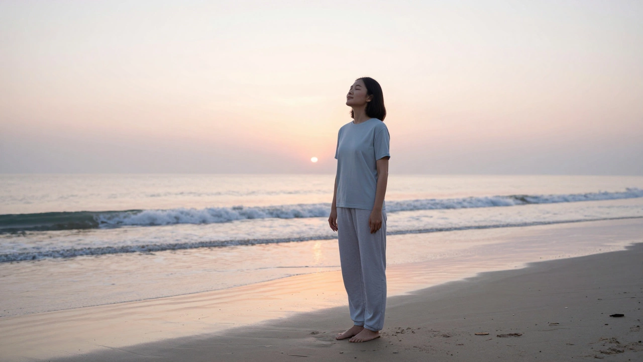 Человек гуляет по пляжу на рассвете и дышит свежим воздухом