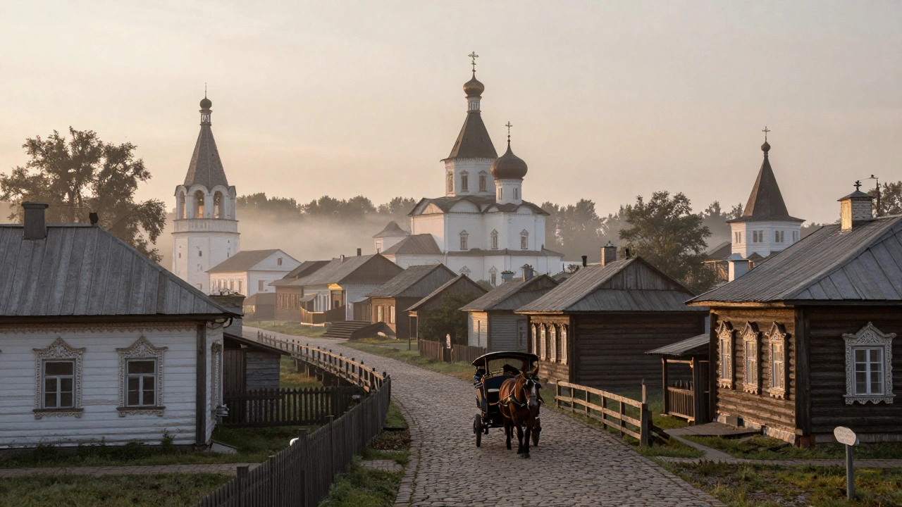 Деревянные дома и церкви Золотого кольца в туманном утреннем свете.