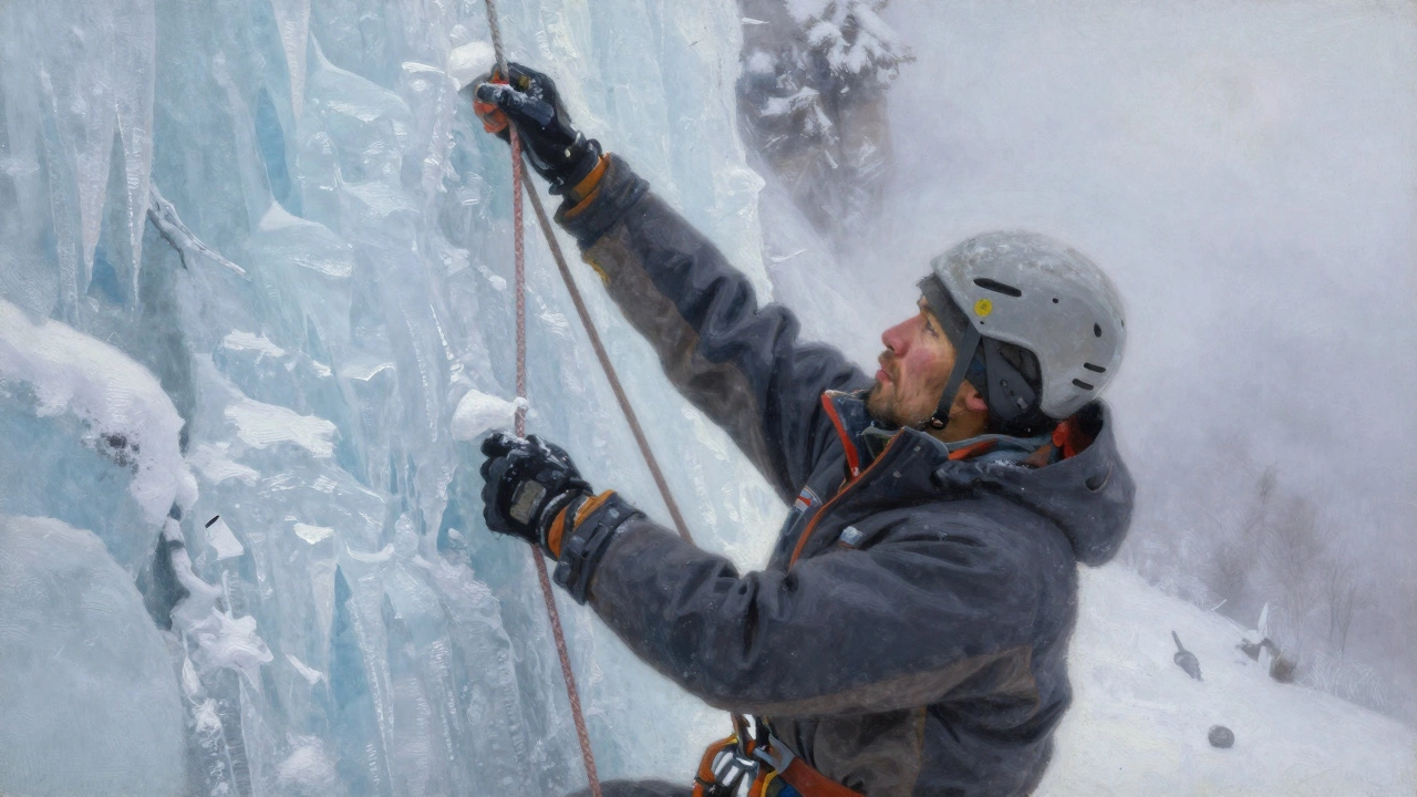 Два альпиниста карабкаются по ледяной стене в горах Сихотэ-Алин, один поддерживает другого, вокруг — туман и снег.