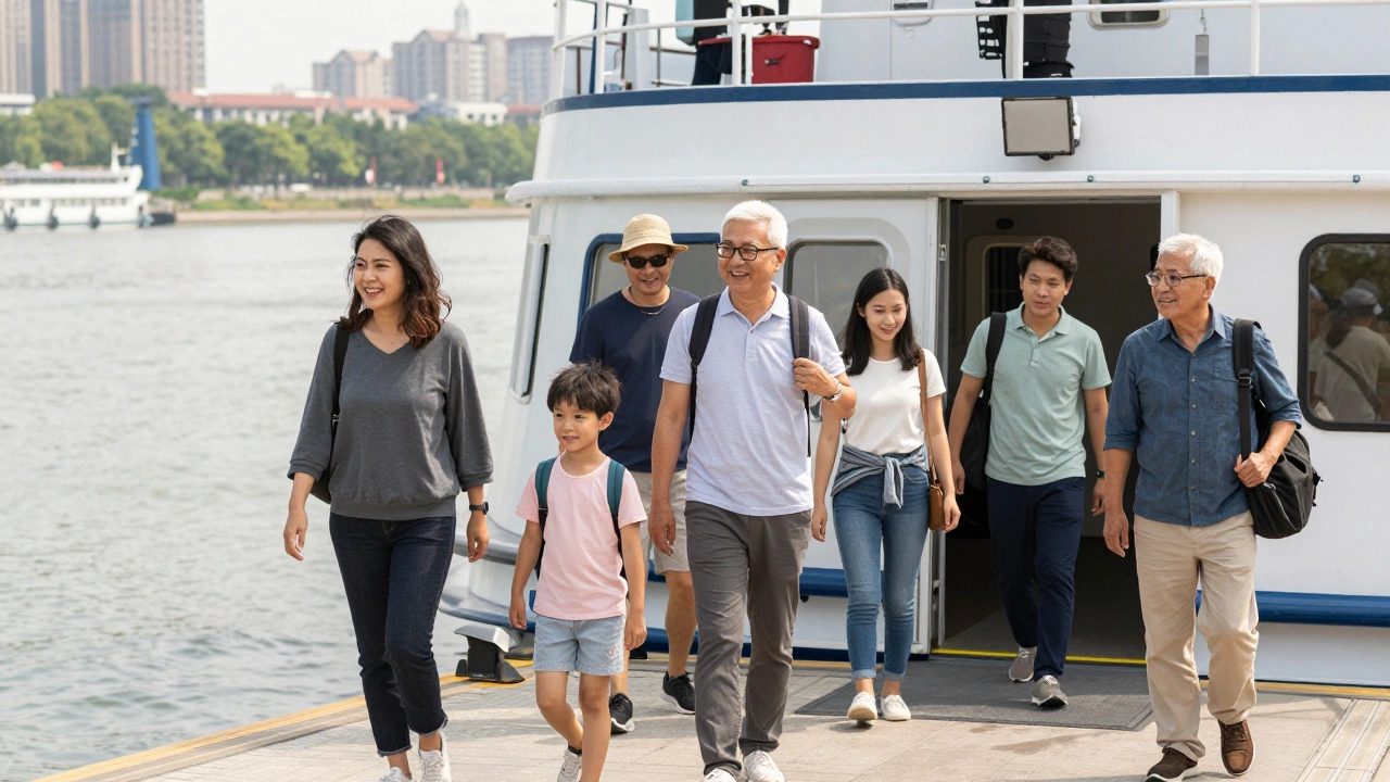 Гости круиза гуляют по набережной рядом с кораблем.