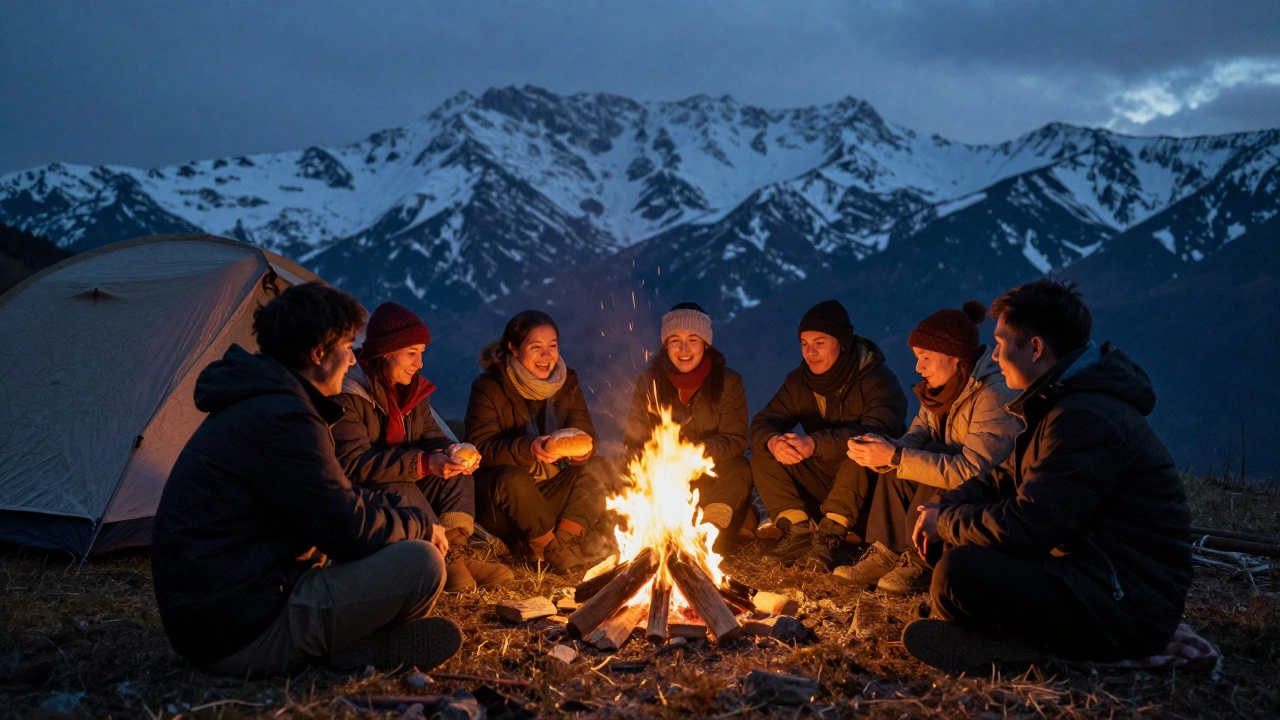 Группа людей сидит у костра в палатке на Кавказе, делят хлеб, пламя освещает их лица, за спиной — качающиеся палатки.