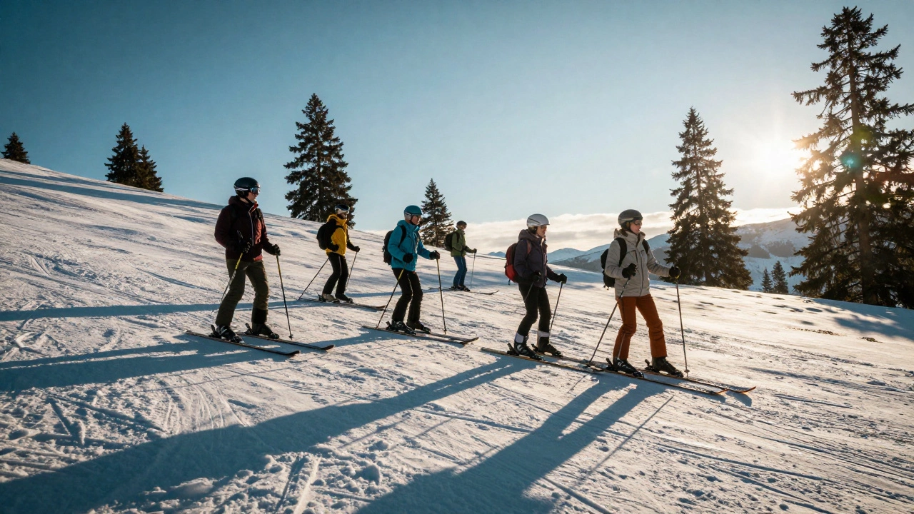Группа лыжников на безлюдном склоне в солнечный зимний день
