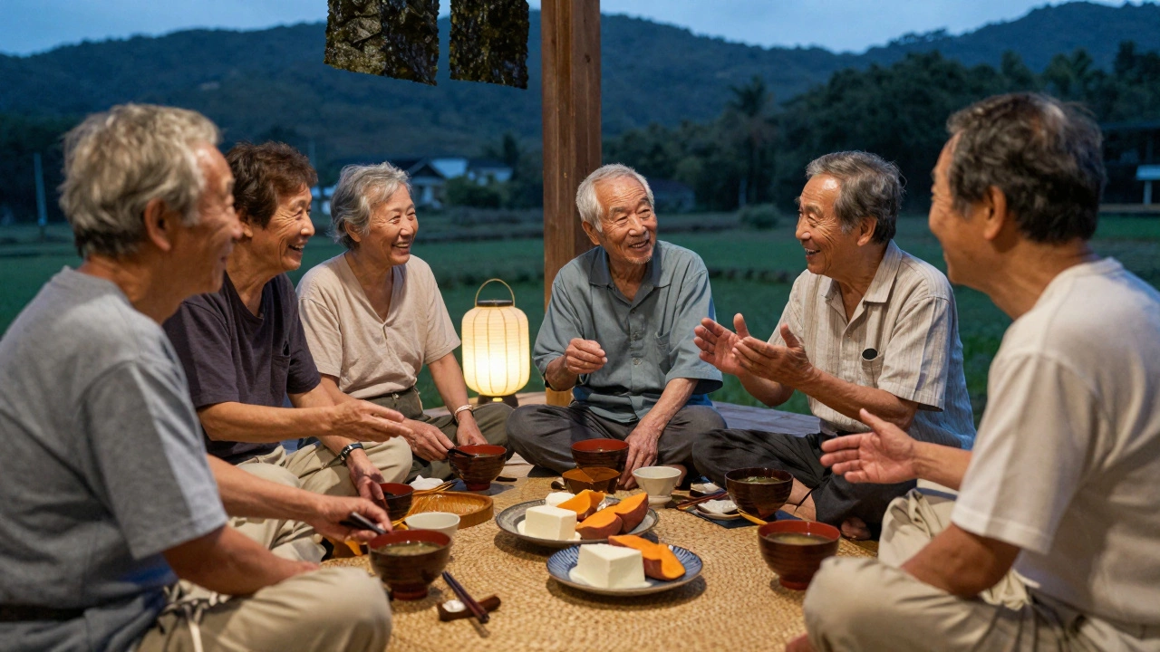 Группа пожилых окинавцев вместе ест и разговаривает на веранде.