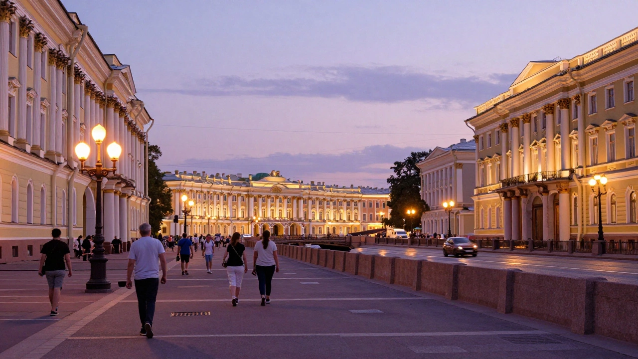 Исторический центр Санкт-Петербурга с туристами вечером