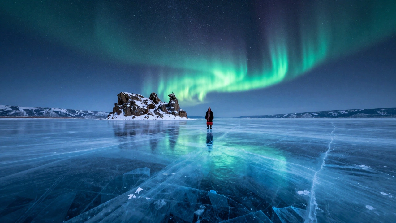 Лед Байкала светится голубым в звёздную ночь, на фоне шаманской фигуры.
