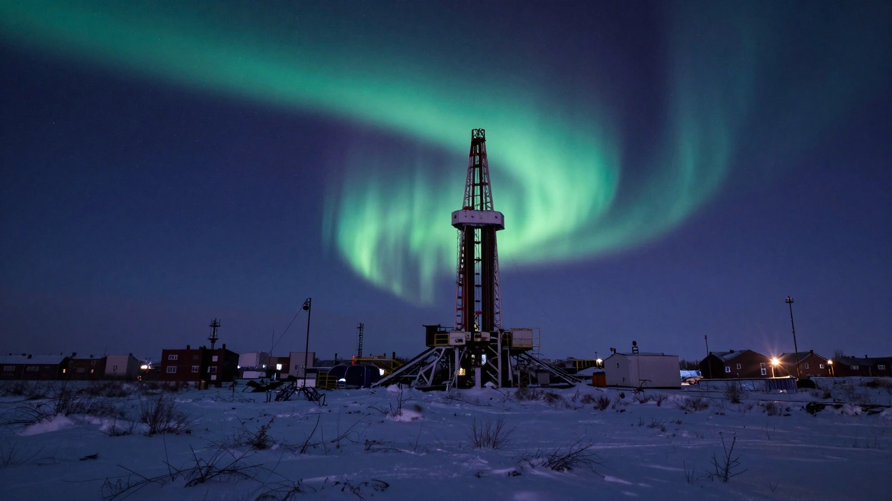 Нефтяная вышка в сибирской тундре ночью под северным сиянием