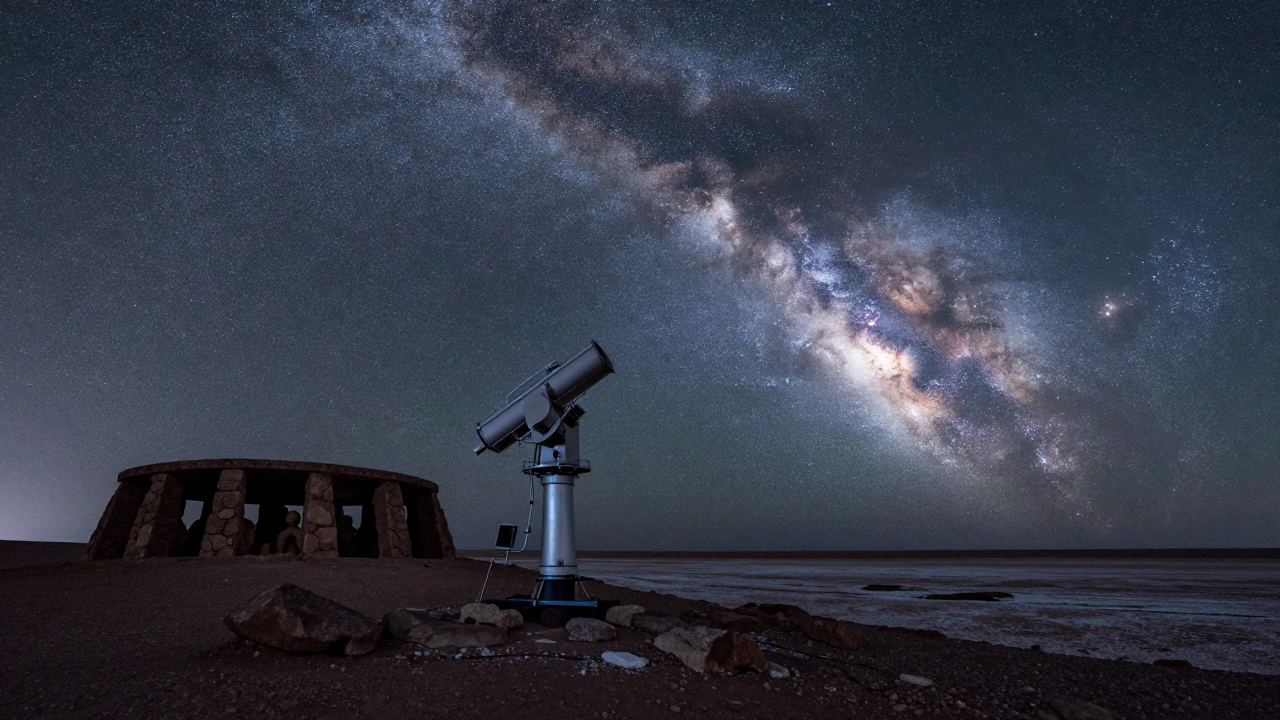Ночное небо над Атакамой с невероятно четким Млечным Путем, на переднем плане — телескоп и древние захоронения.