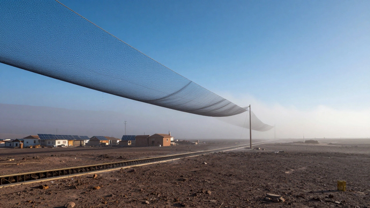 Огромная сеть для сбора тумана в пустыне Атакама собирает влагу из океанского тумана, рядом — деревня с солнечными коллекторами.