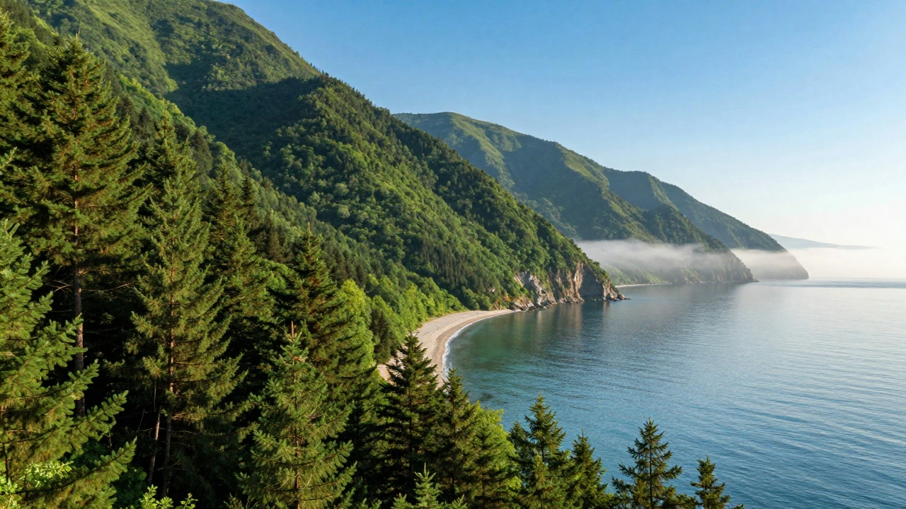 Пейзаж побережья с горами и хвойным лесом у моря