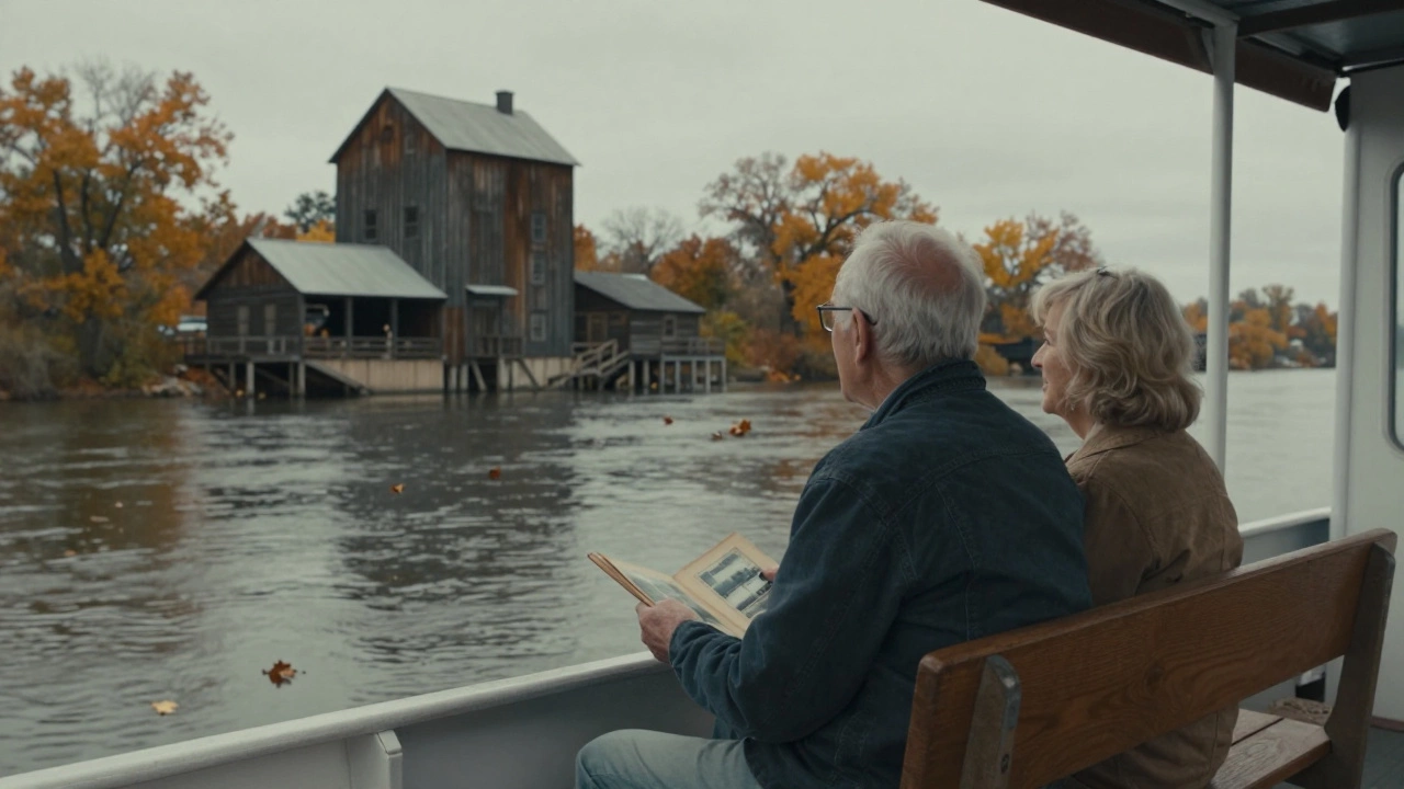 Пожилая пара на борту речного судна на реке Миссури, смотрящая на исторический амбар на берегу осенью.