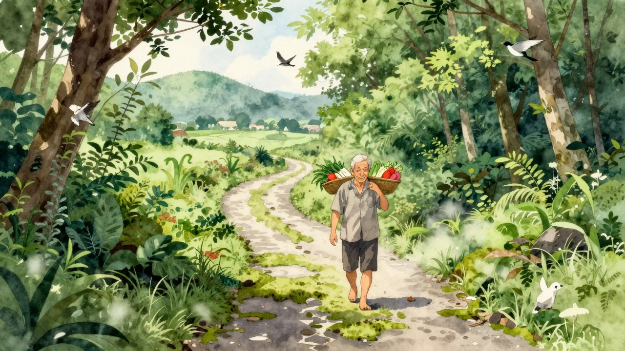 Пожилой мужчина идет пешком по лесной тропе с корзиной овощей.