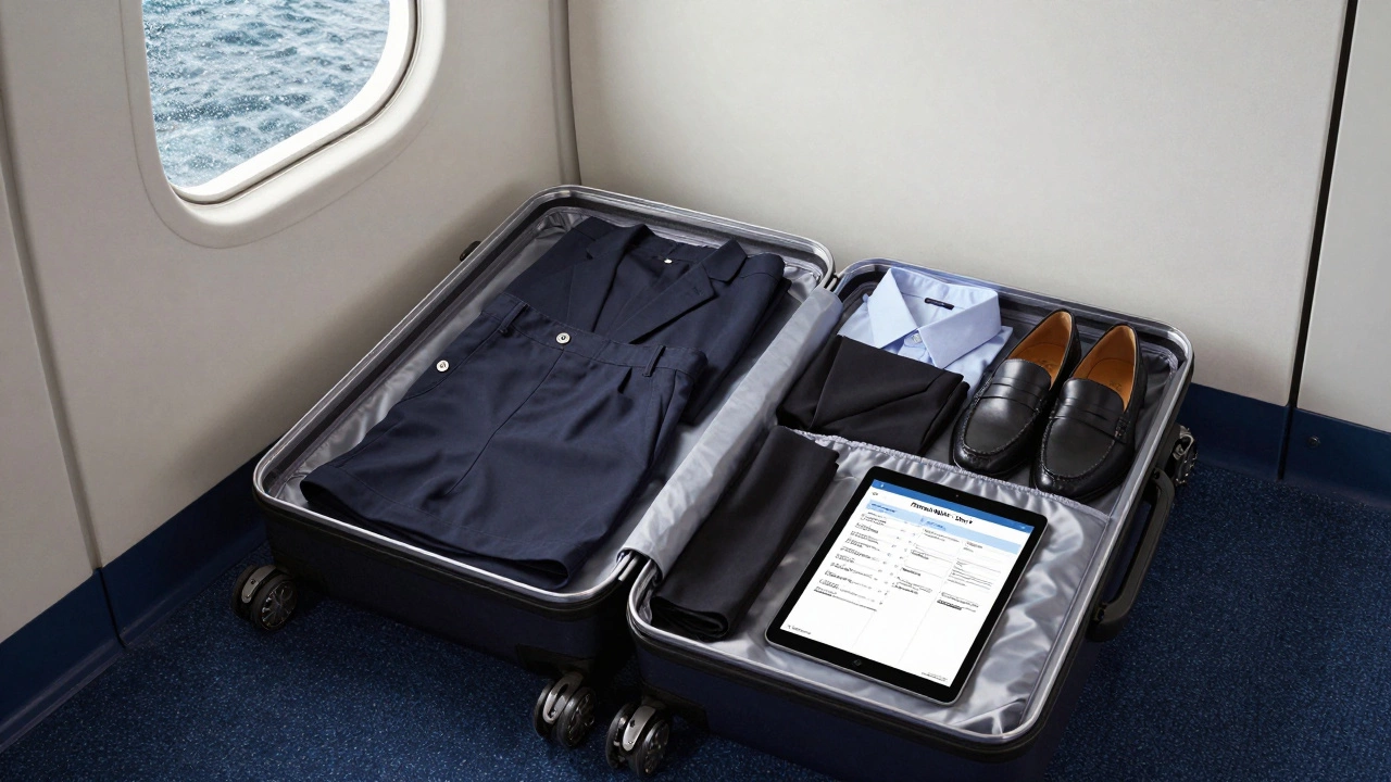 Раскрытый чемодан с минимальным гардеробом для круиза: брюки, жакет, платье, обувь и сумка для стирки.