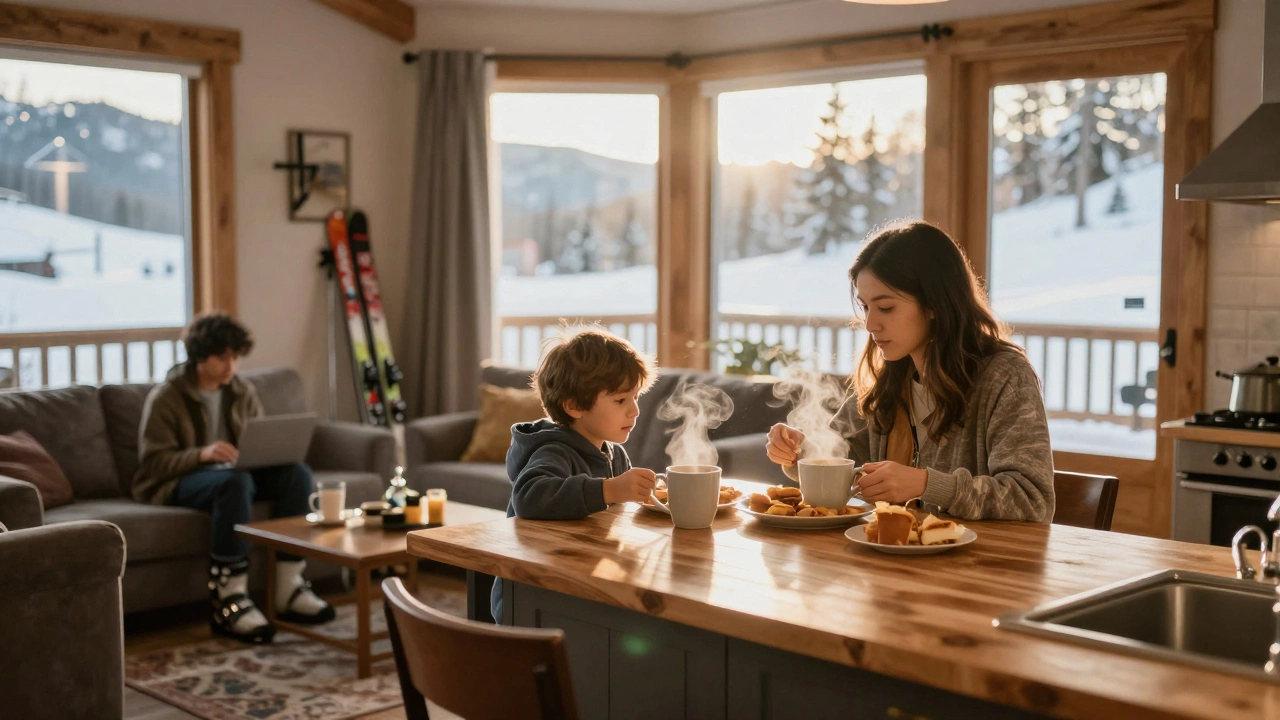 Семья готовится к завтраку в арендованном домике с лыжами у двери