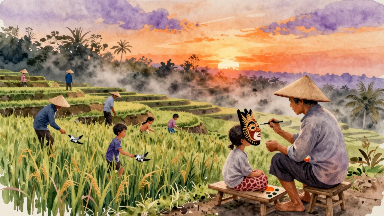 Семья в рисовых террасах на Бали: взрослые работают, дети играют, старик рисует маску для ритуала.