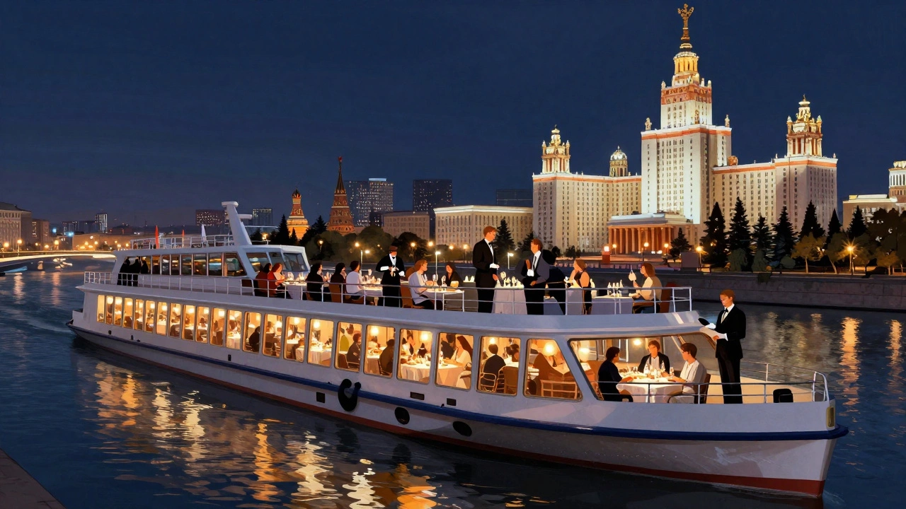Современный теплоход с панорамными окнами, парящий по реке в ночном свете, гости ужинают на борту.