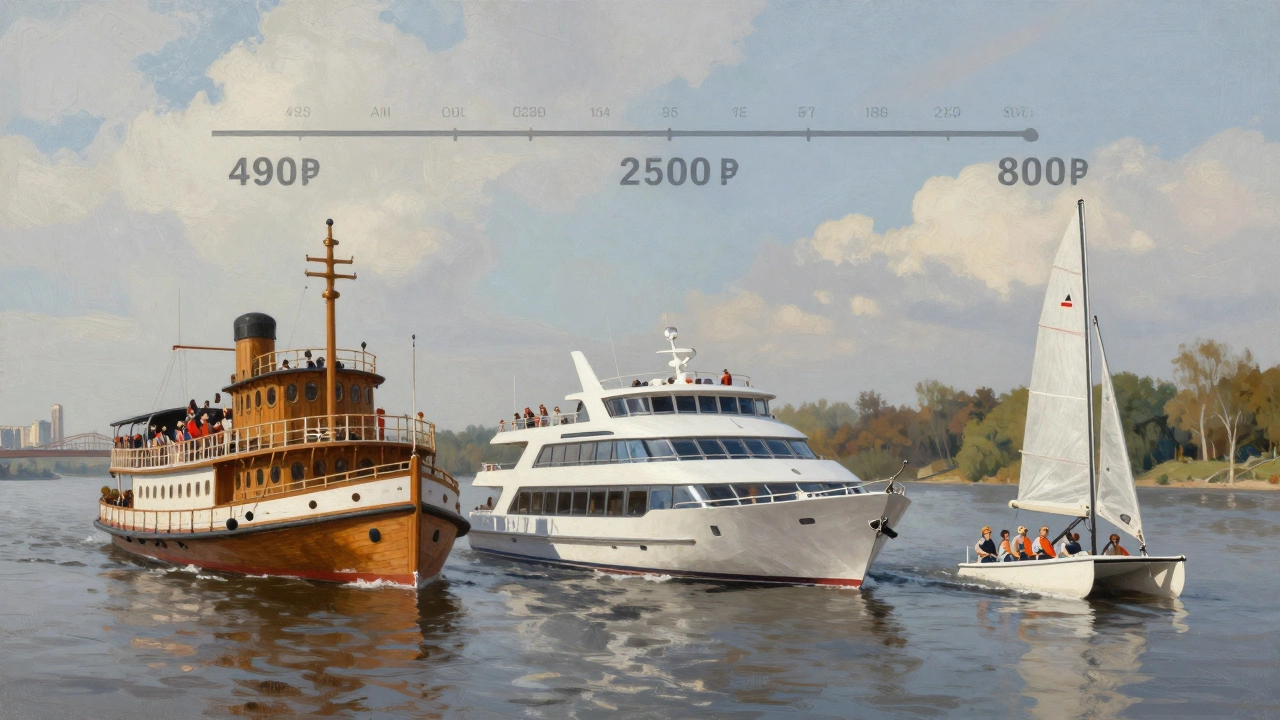 Три типа судов на реке: классический, современный и малый катер, символизирующие разные цены на круизы.
