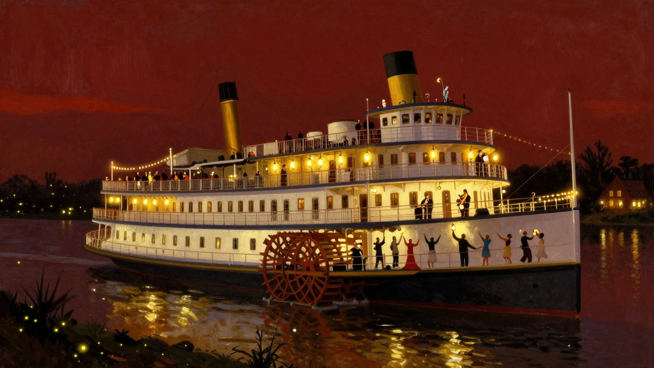 Величественный пароход American Queen ночью с живой музыкой и танцами на палубе под огнями фонарей.