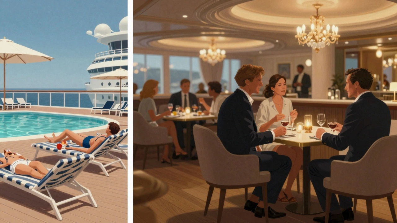 Внутренние зоны круизного лайнера: пляжная зона, лаунж и формальный ресторан с разными стилями одежды гостей.
