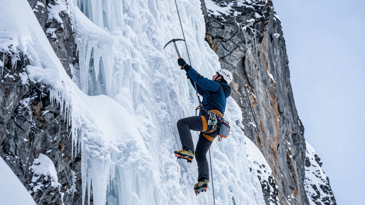Альпинист с ледорубом и кошками поднимается по заснеженной скале